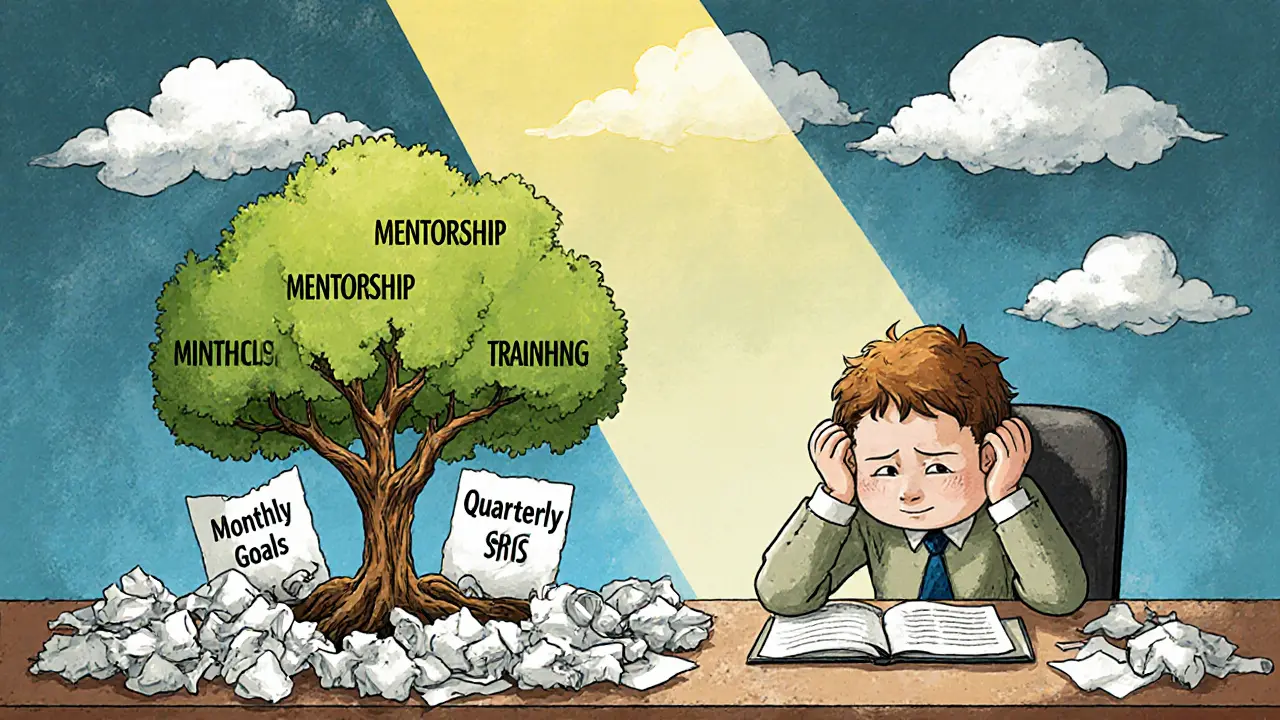 Сотрудник стоит у стола с растущим деревом навыков, а старые планы лежат в корзине.
