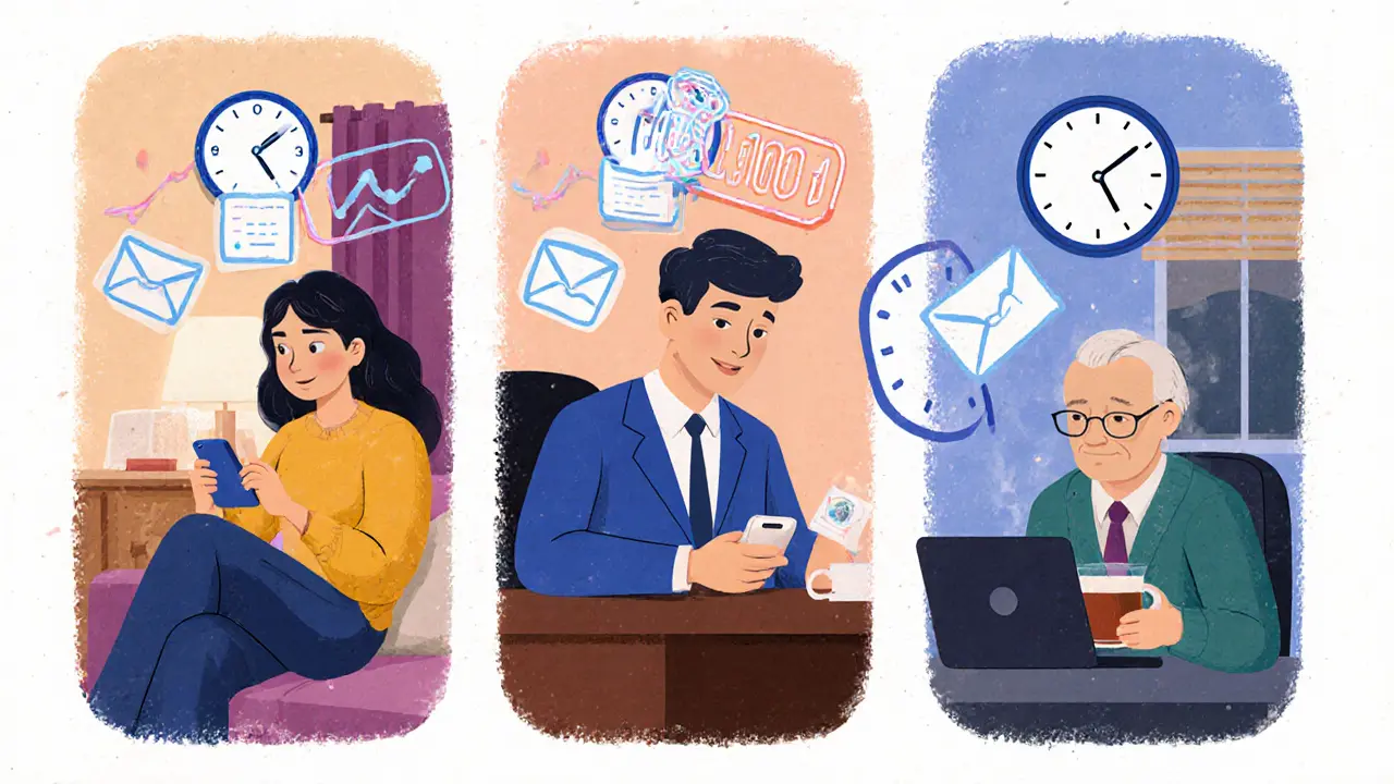 Три человека разных возрастов в своих локальных временных зонах открывают письма в удобное время.