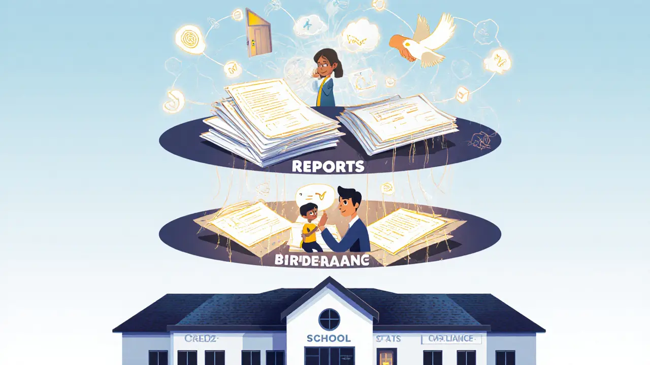 Три уровня этики в образовании: бюрократия, личное взаимодействие и доверие, соединённые светящимися нитями.