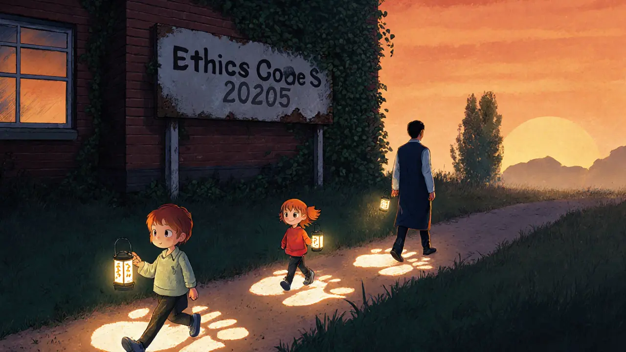 Учитель уходит из школы, оставляя за собой светящиеся следы, превращающиеся в учеников с фонарями честности.