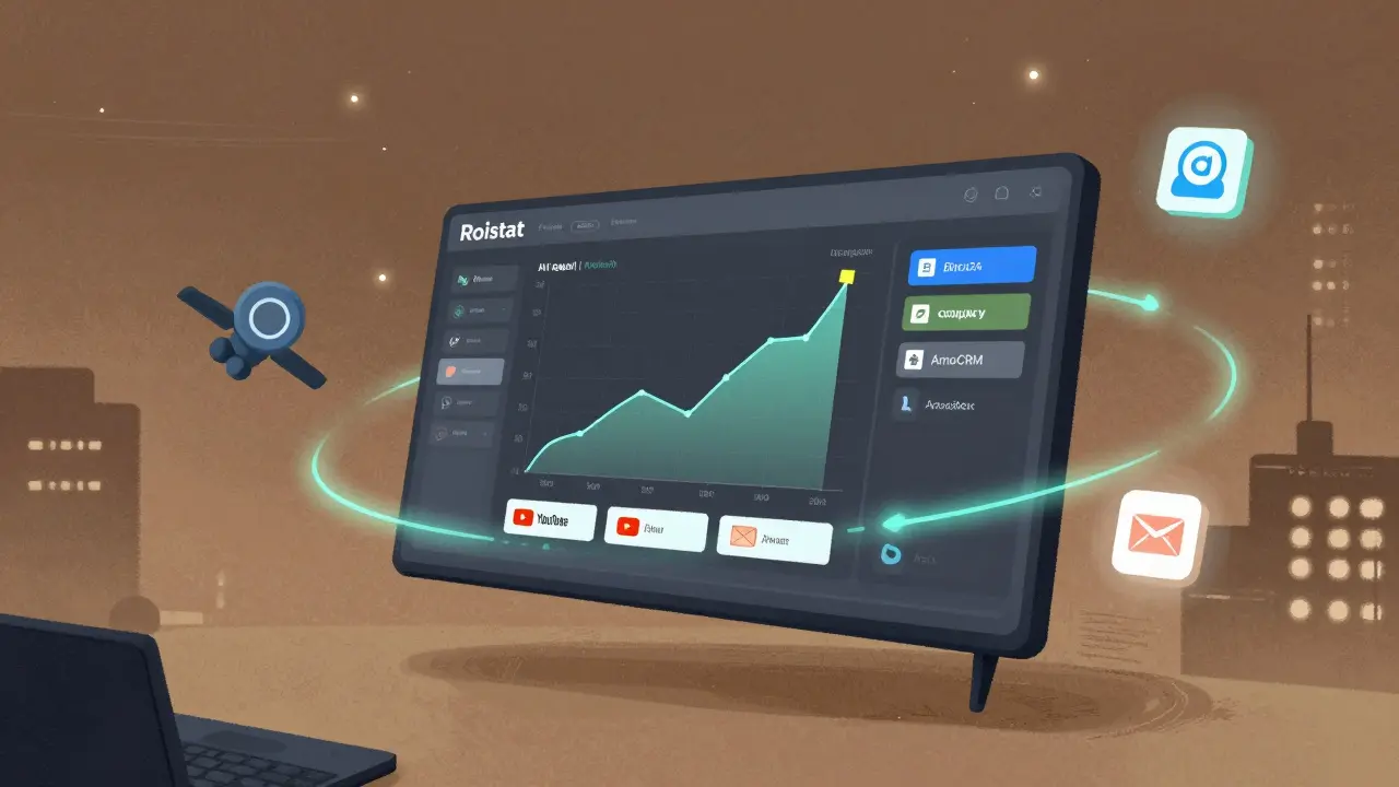 Цифровая панель Roistat отображает аналитику звонков, каналов и продаж в виде светящихся потоков данных.