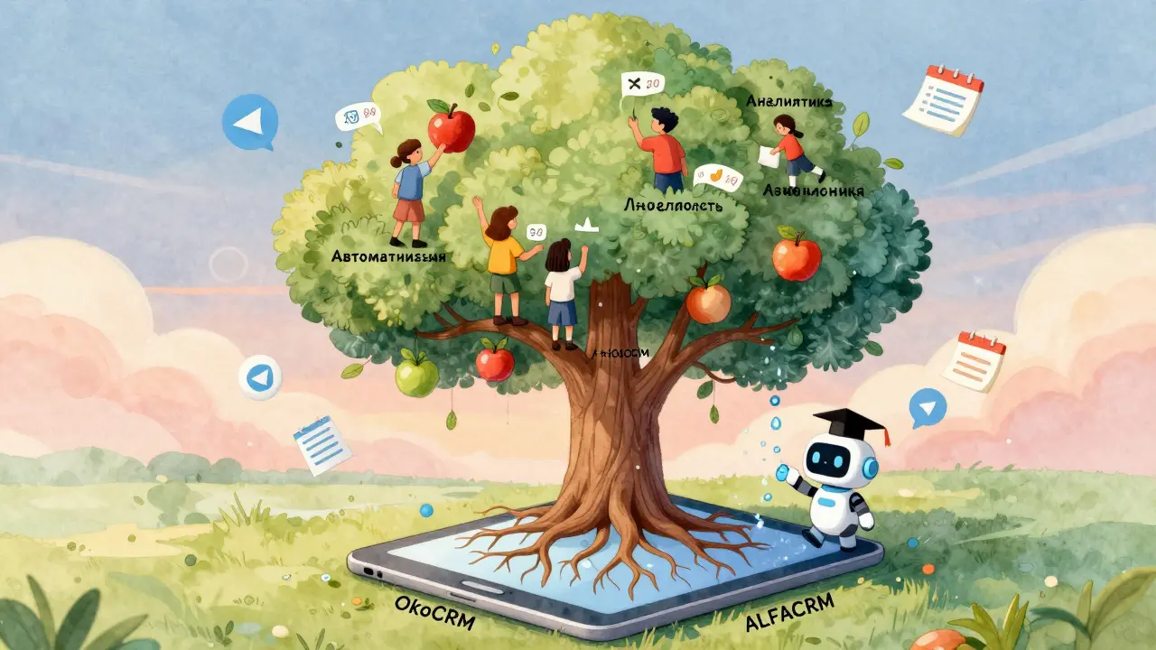 Дерево CRM-систем с плодами автоматизации, ученики собирают оценки, робот поливает систему в футуристическом стиле.