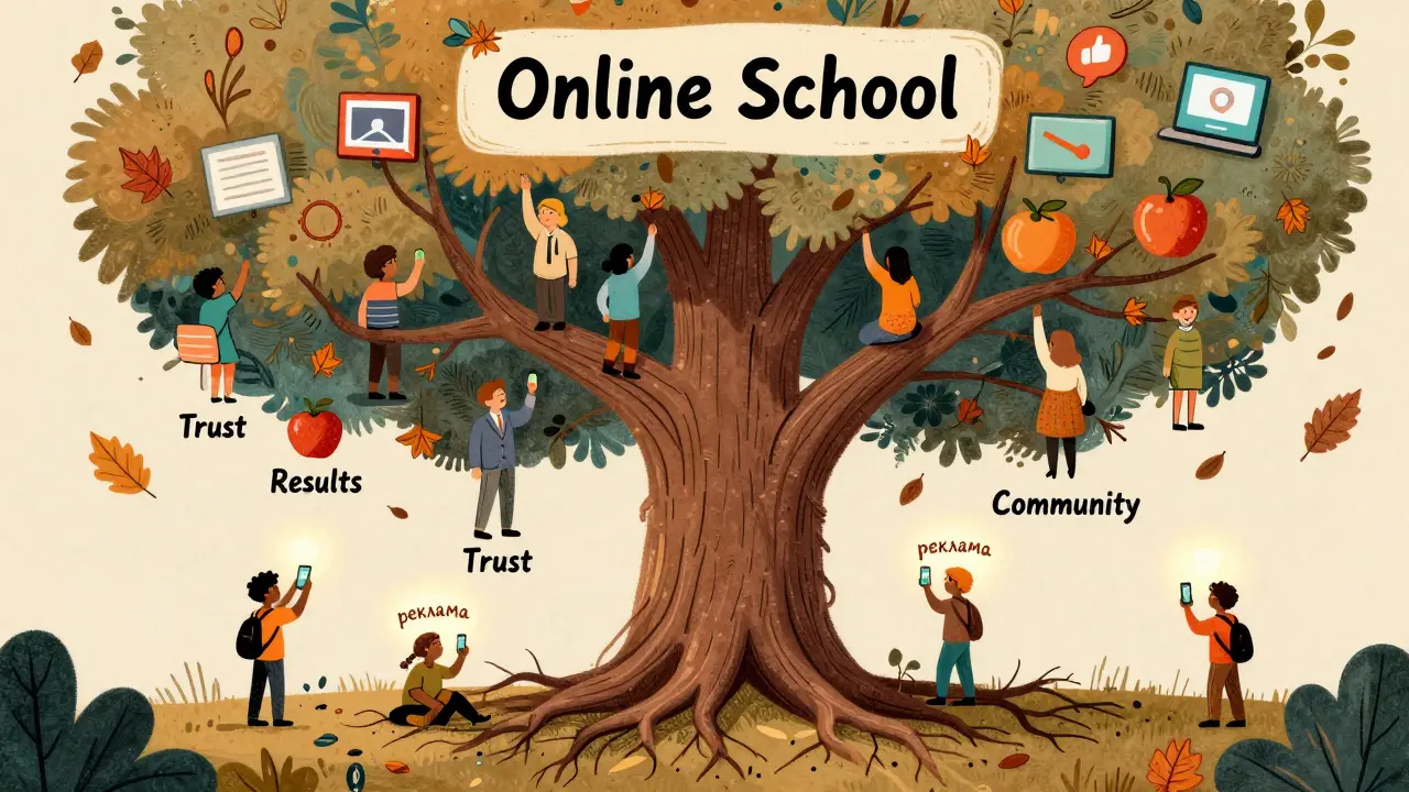 Дерево доверия с корнями из коллабораций, люди поднимаются к плодам успеха.