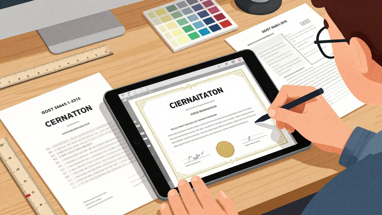 Дизайнер работает над макетом сертификата, рядом — образцы с правильной и неправильной печатью.