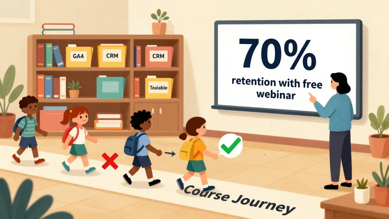 Дорожка учеников через курс с указанием, кто уходит, а кто завершает, с метрикой удержания 70%.