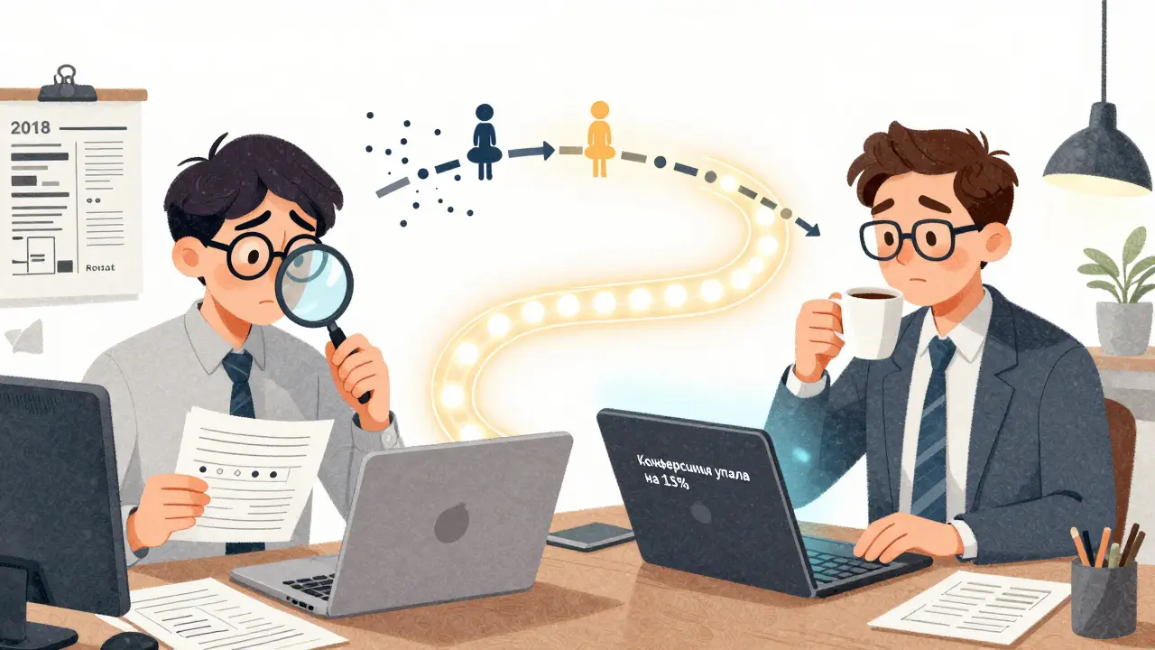 Два бизнесмена: один в прошлом с бумажками, другой в будущем с AI-оповещением — между ними путь клиента.