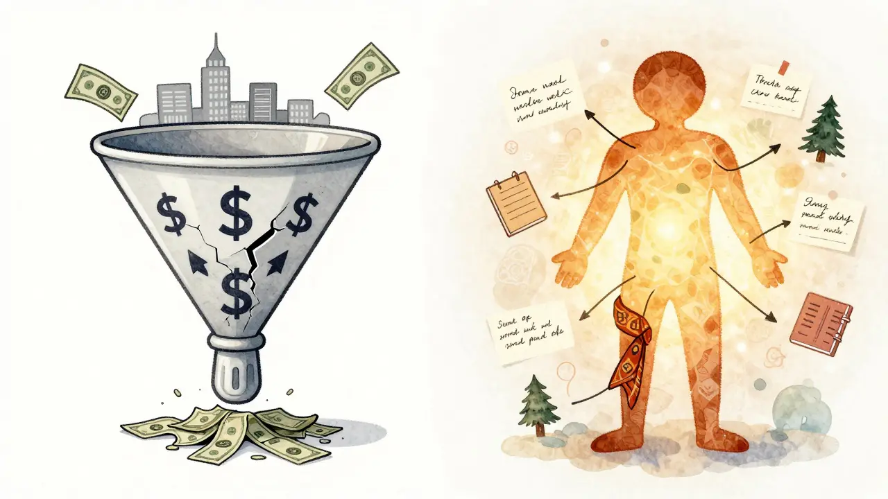 Две воронки продаж: одна шаблонная и сломанная, другая персонализированная и светящаяся с культурными деталями.