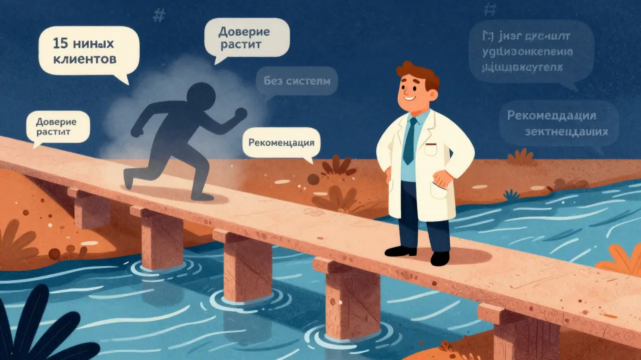 Эксперт переходит от хаоса к системе, его клиенты и доверие растут по мосту из столпов.