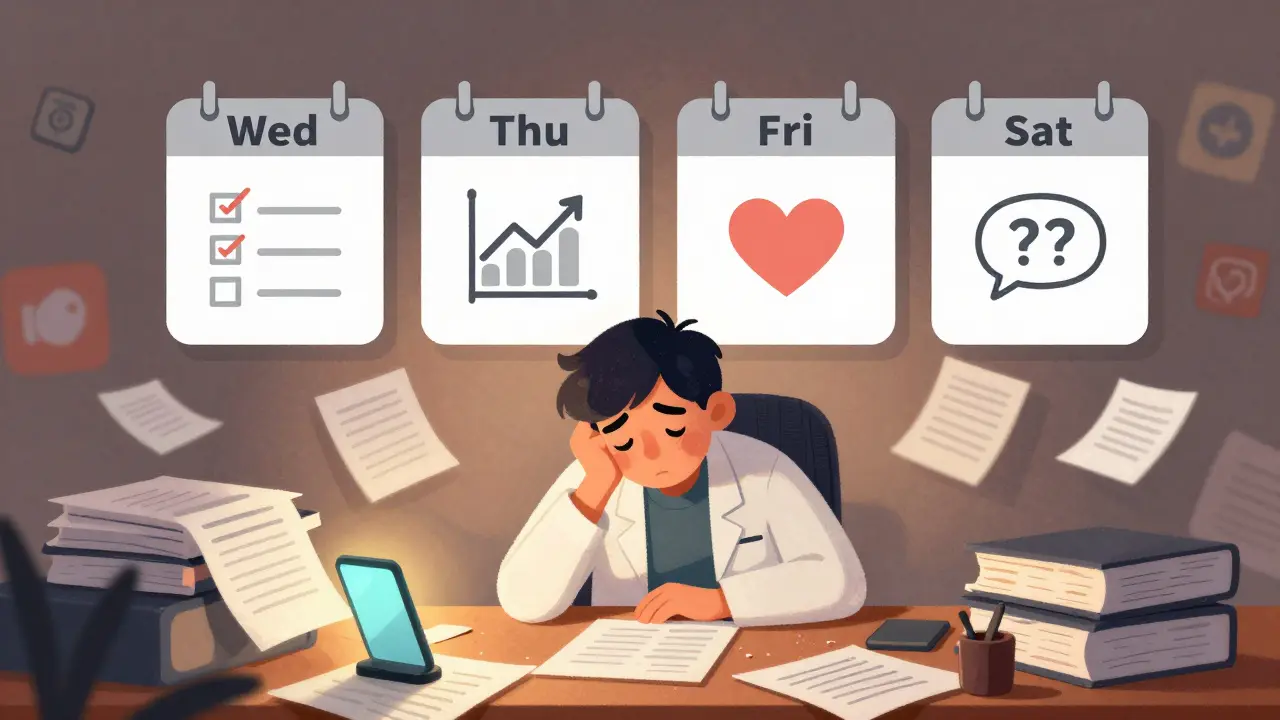 Эксперт планирует контент по дням недели, хаос на столе против ясных шаблонов над ним.