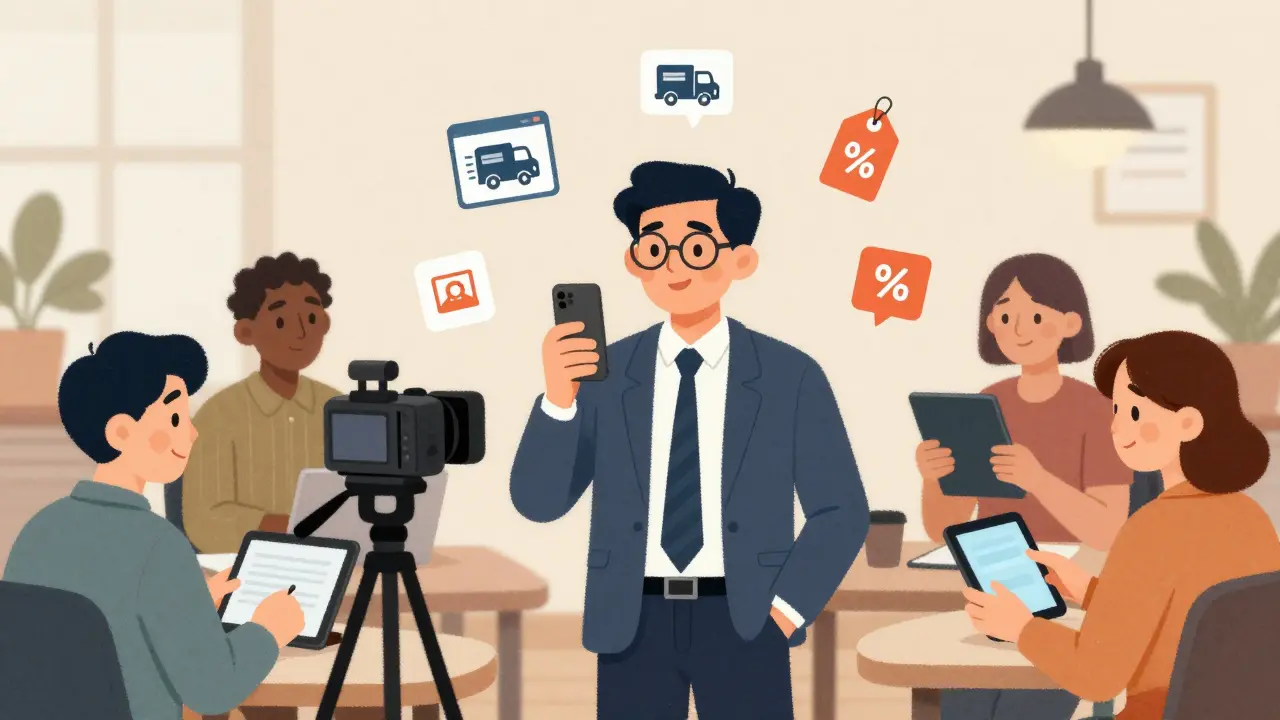 Генеральный директор снимает видеообращение, а клиенты смотрят его на устройствах