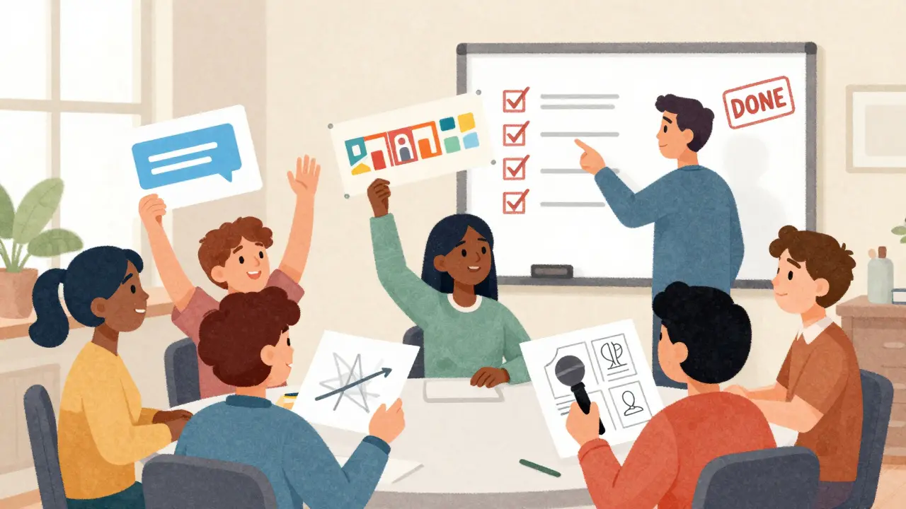 Группа учащихся демонстрирует завершенные проекты: сообщение, баннер и микрофон перед наставником.