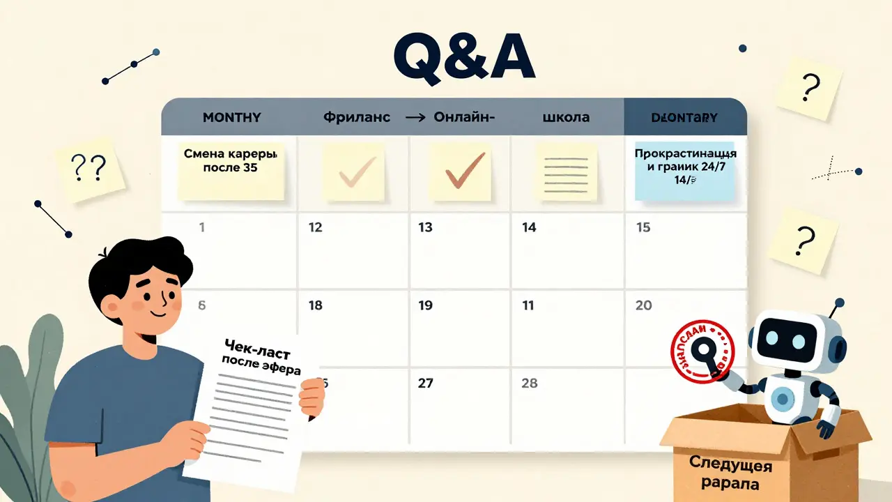 Календарь с темами Q&amp;A-сессий, на стене наклейки с вопросами, студент держит чек-лист после эфира.