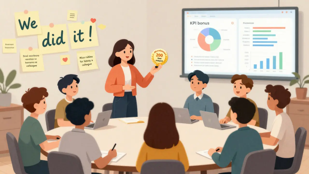 Команда учителей отмечает микробонусы и успехи в виртуальной встрече