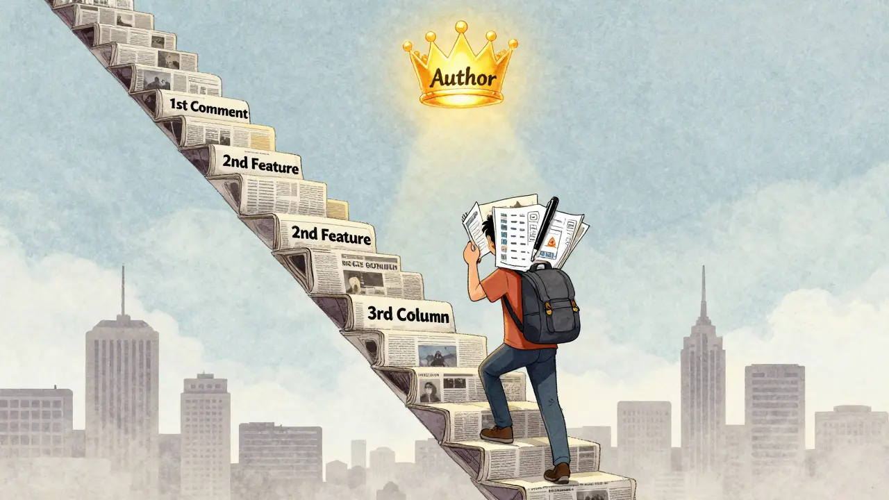 Лестница из газет ведет к короне 'Автор', человек поднимается с данными в рюкзаке.