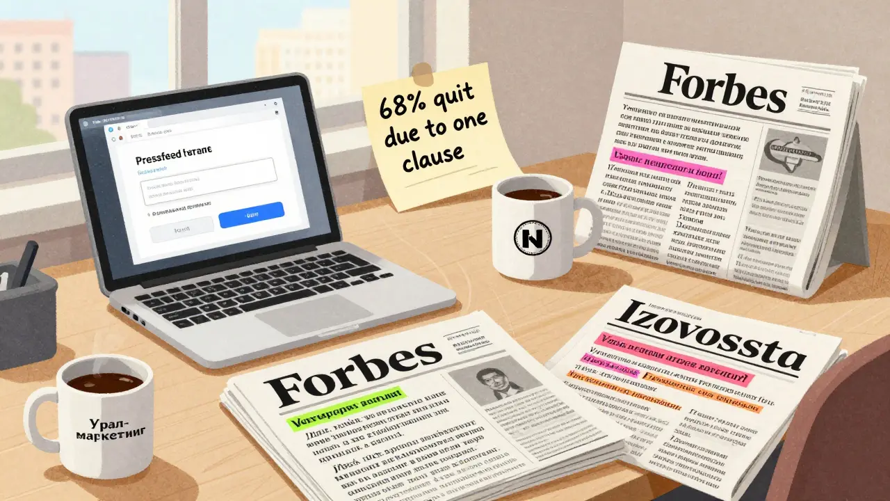 На столе ноутбук с Pressfeed, заметки с цифрами и три газеты с выделенными цитатами.