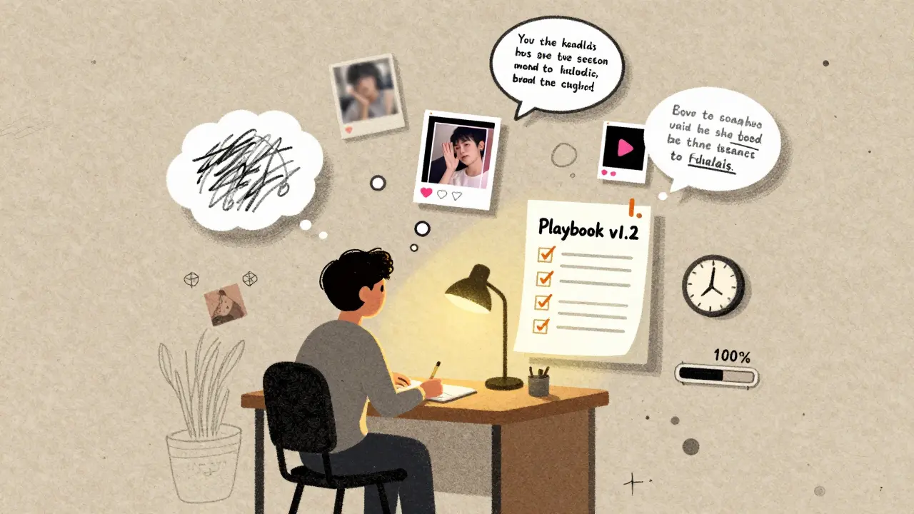 Один человек учится на ошибках: черновики превращаются в готовый пост под светом лампы.