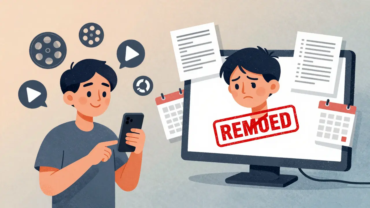 Пользователь смотрит исчезнувший сериал, рядом — отметка &#039;Удалено&#039; и документы с лицензиями.