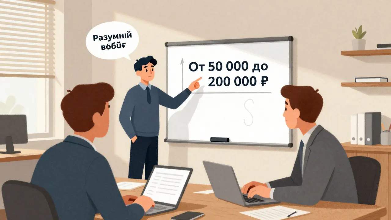 Презентация ценового диапазона на доске в офисе, клиент фокусируется на верхней границе.