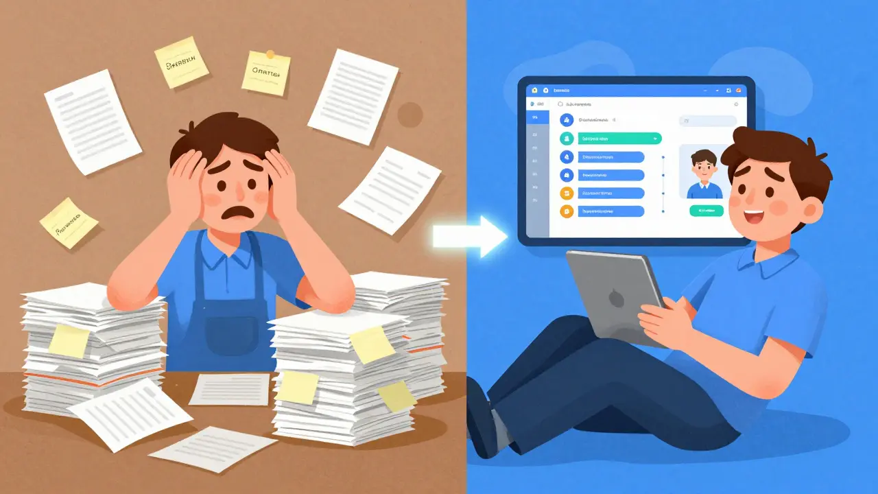 Разделённая сцена: хаос бумажек слева, чистая CRM-система справа — переход от рутины к автоматизации.