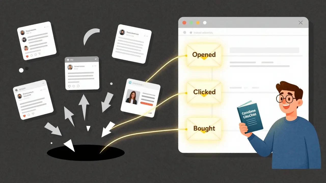 Слева — хаос соцсетей, справа — персонализированные письма, ведущие к продажам.