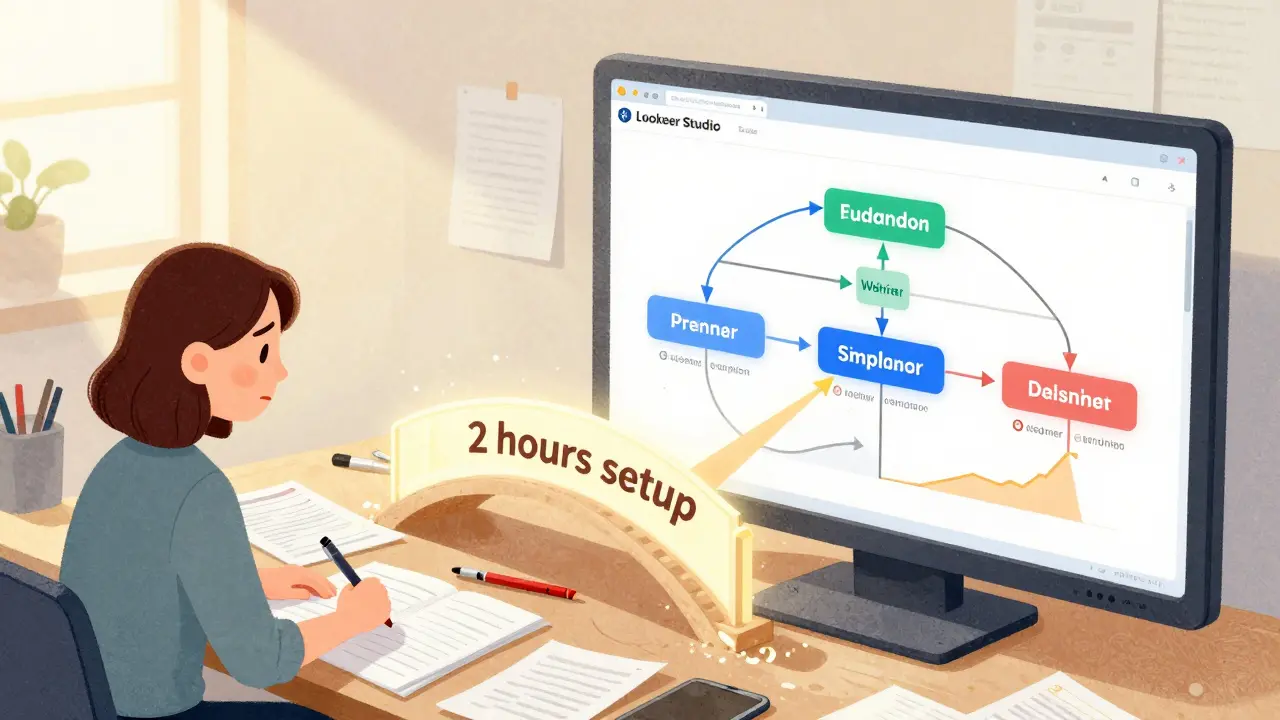 Сравнение хаотичного рабочего стола с Excel и чистого дашборда Looker Studio, соединённых светящимся мостом.