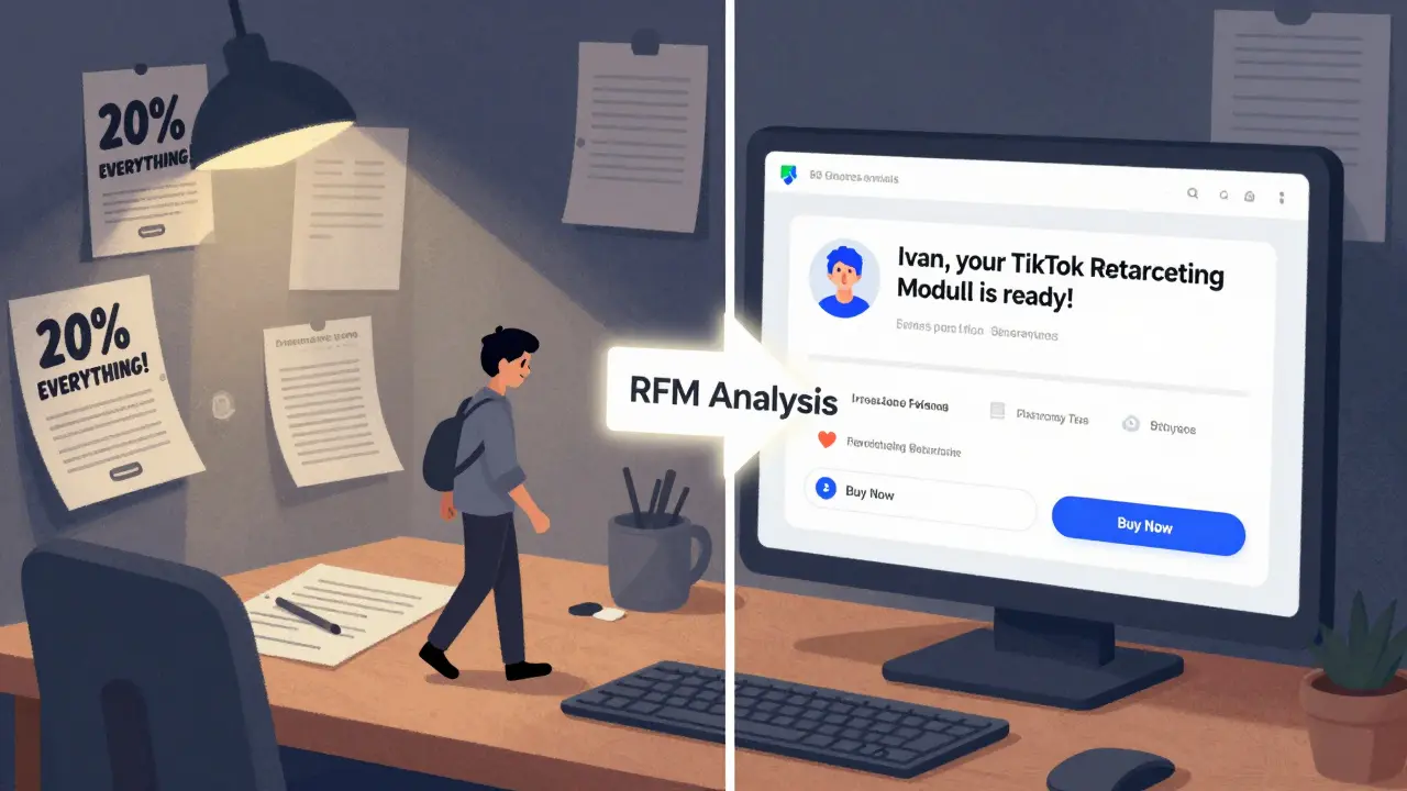 Сравнение хаотичной массовой рекламы и персонализированных предложений для клиентов в цифровом интерфейсе.