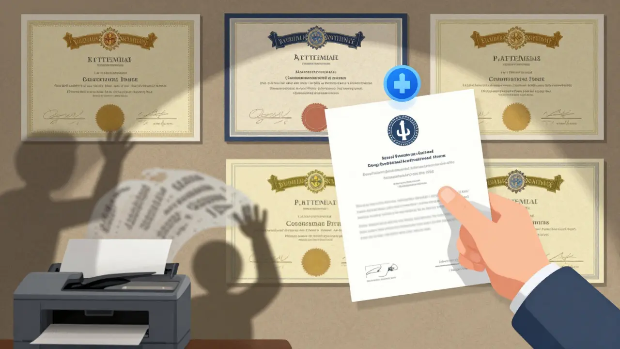 Стена с сертификатами: одни — качественные с защитными элементами, другие — дешёвые и размытые.