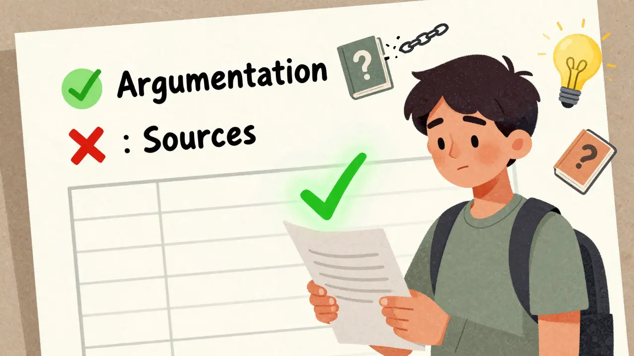 Студент смотрит на эссе, где критерии оценки светятся и подсвечивают сильные и слабые стороны.