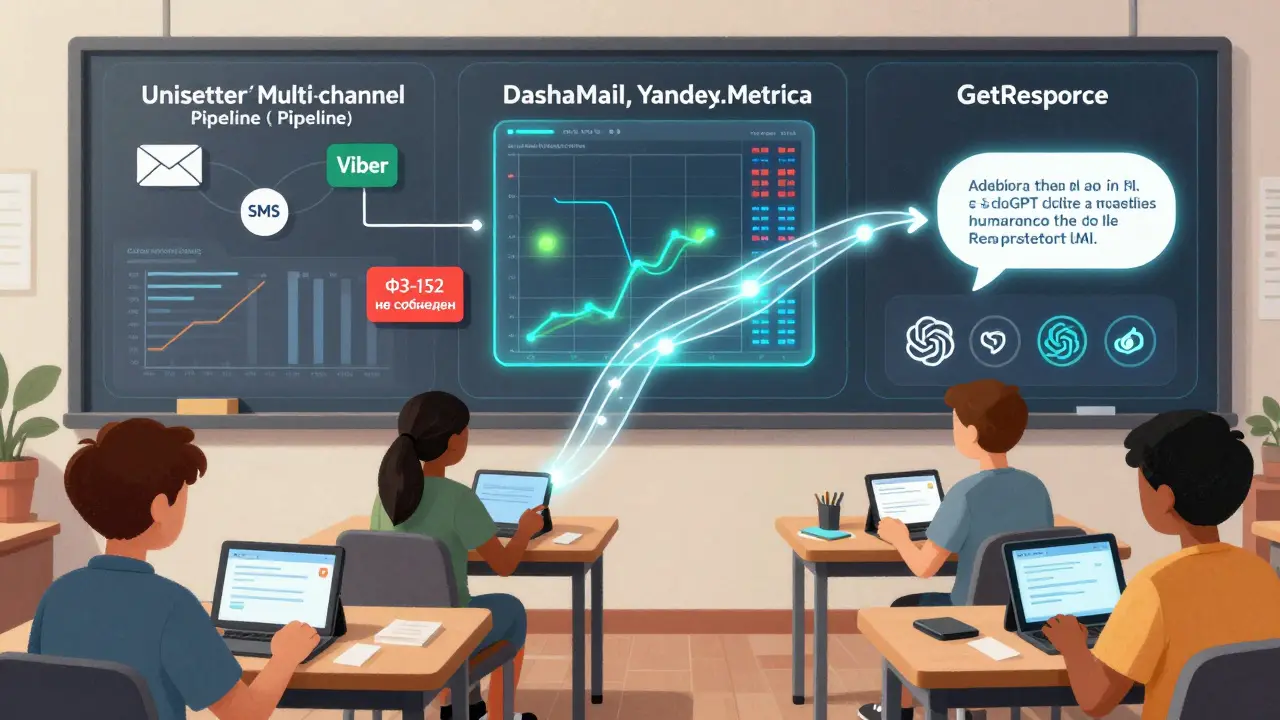 Студенты получают письма, а на фоне — три панели аналитики с разными сервисами и предупреждением о законе.