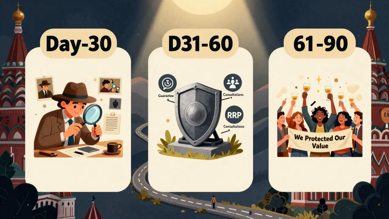 Трёхэтапный план защиты цены как горная тропа с символами доверия, гарантии и клиентской лояльности.