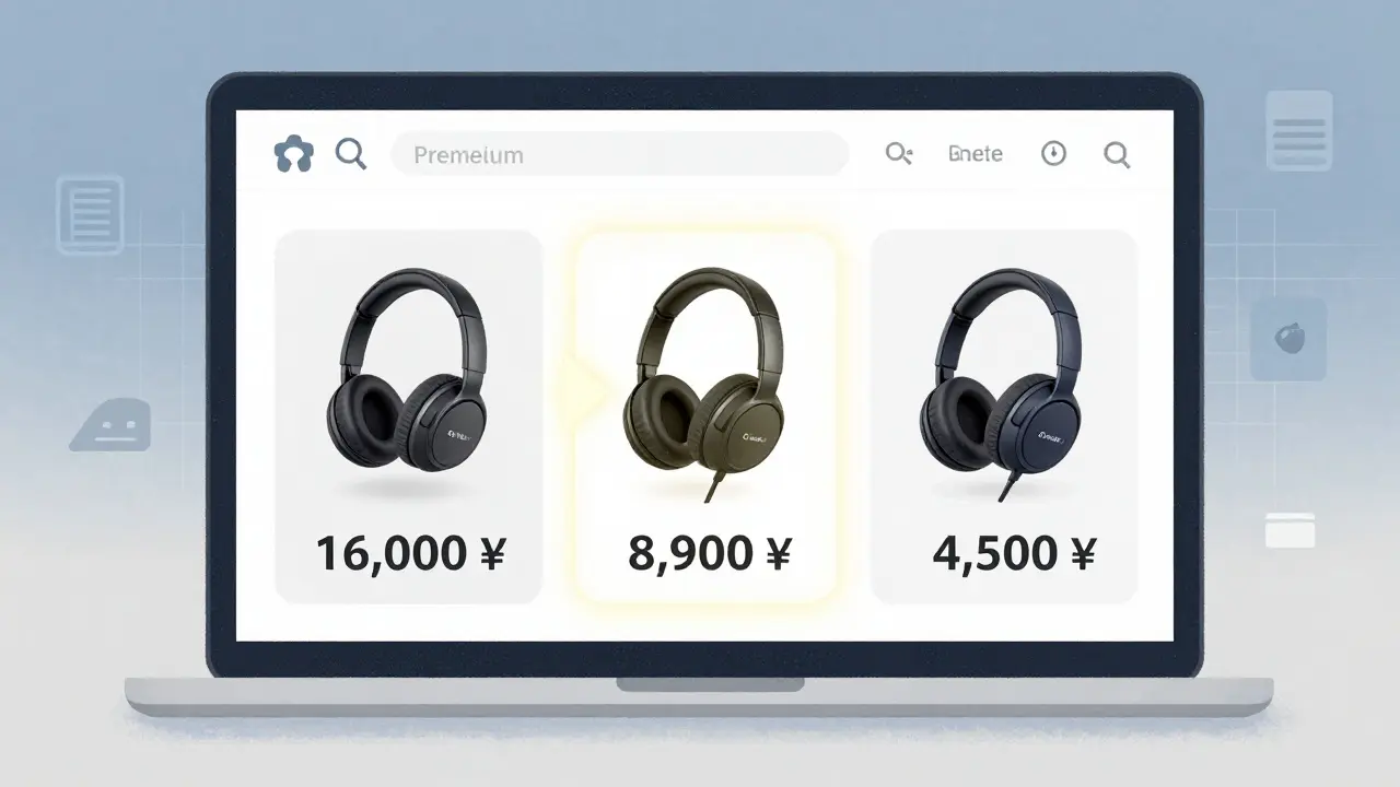 Три модели наушников на экране ноутбука, средняя выделена как лучший выбор.