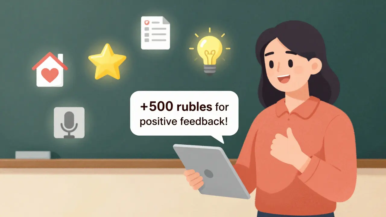 Учитель получает микробонус за положительный отзыв, вокруг — метрики