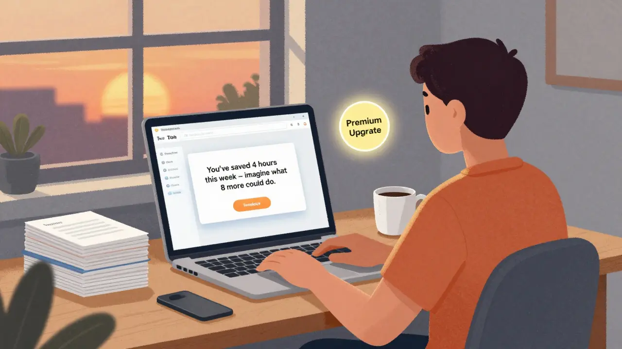 Человек в офисе смотрит на экран с бесплатным инструментом, рядом — всплывающее предложение улучшить версию.