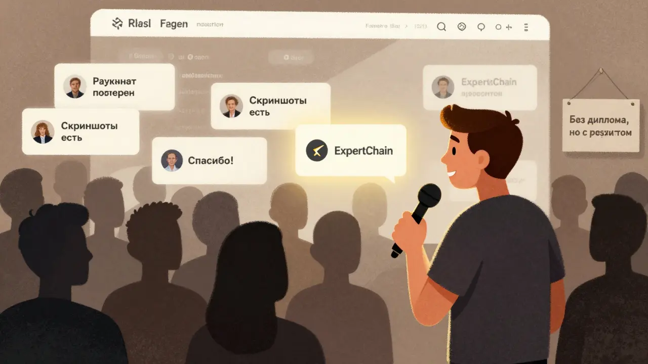 Человек выступает как эксперт, вокруг — проверенные кейсы в блокчейн-блоках, подтверждающие его репутацию.
