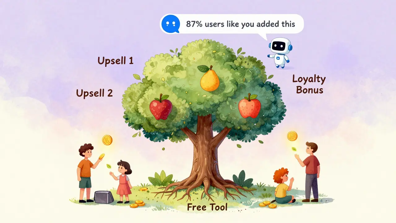 Цифровое дерево с корнями в бесплатном продукте и ветвями, превращающимися в бонусы и улучшения для пользователей.