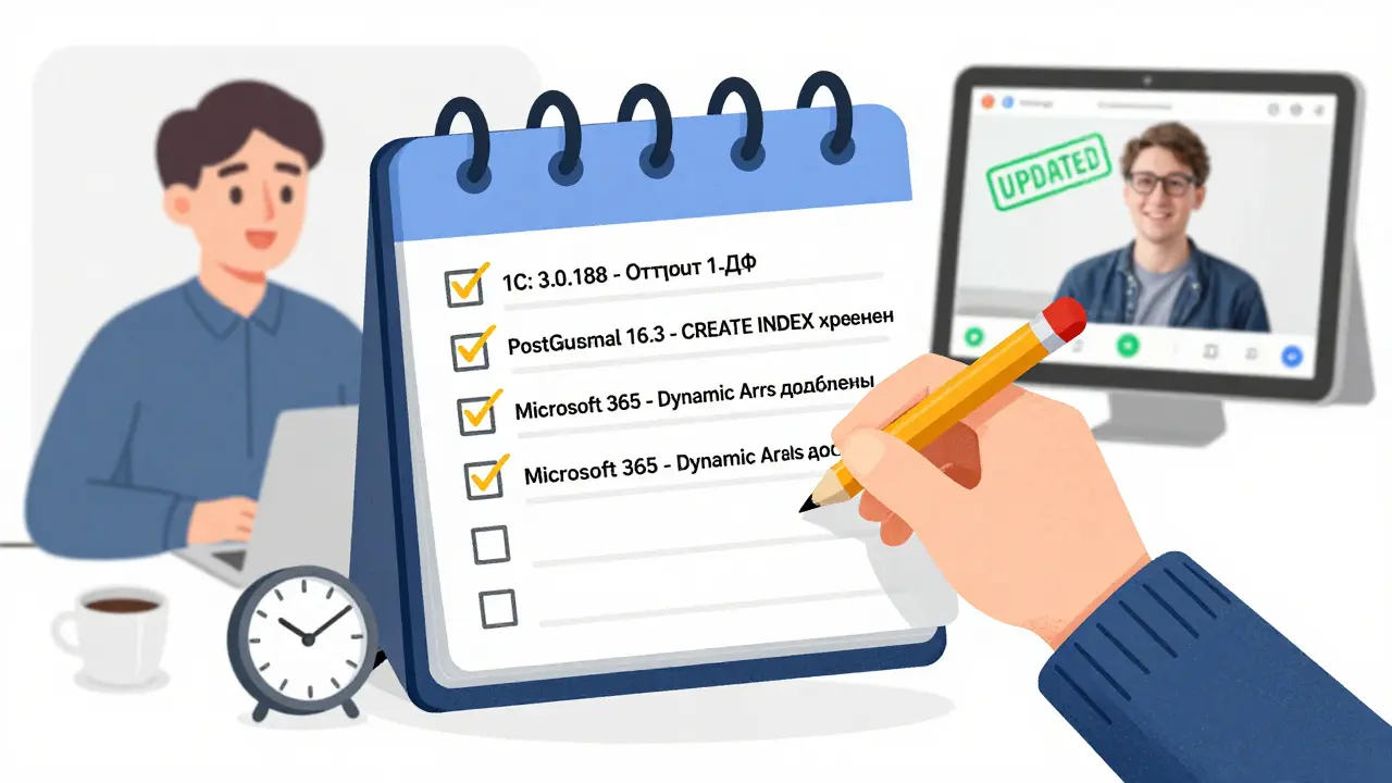 Ежемесячный чек-лист обновлений для 1С, PostgreSQL и Microsoft 365 с отмеченными изменениями и студентом за планшетом.