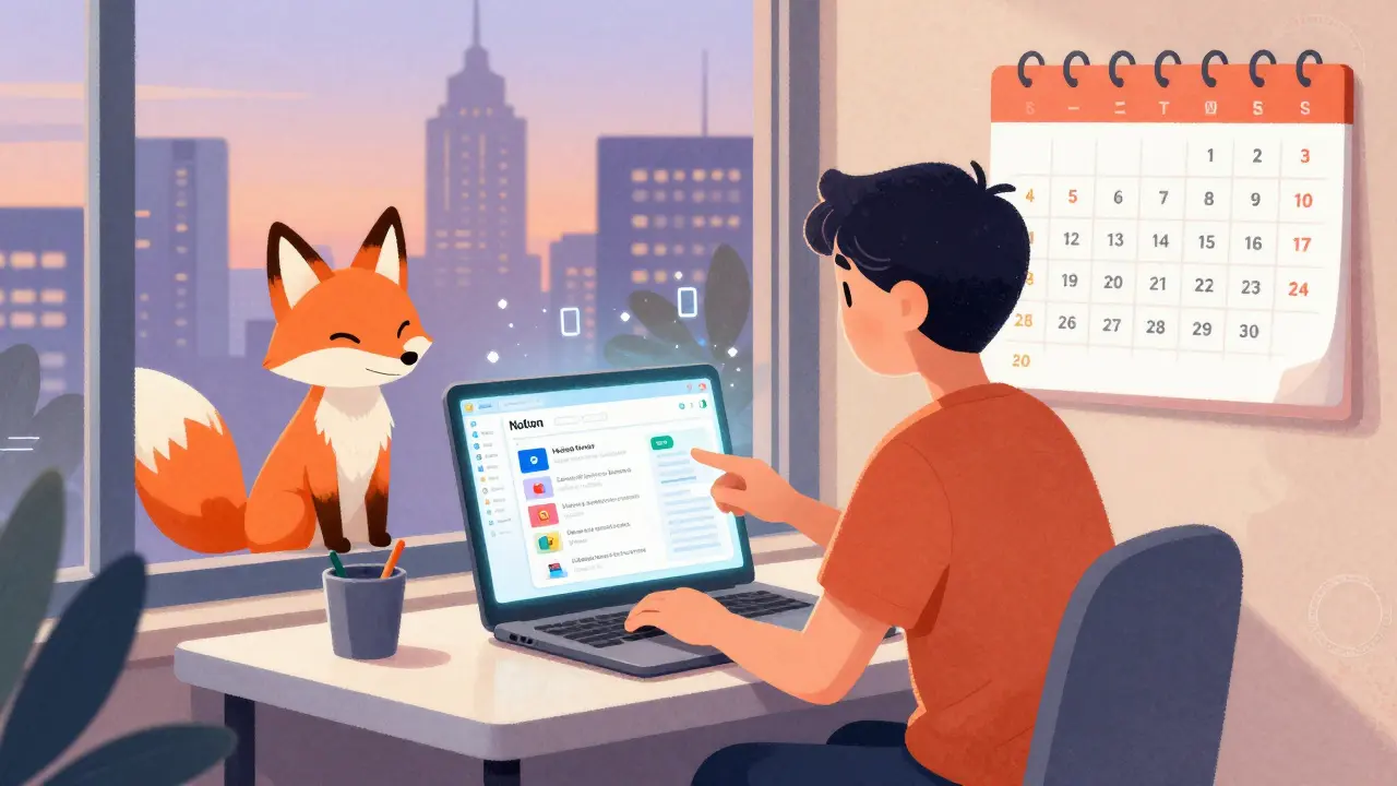 Фрилансер работает за ноутбуком, ИИ-лис указывает на персонализированные материалы, за окном — календарь подписок.