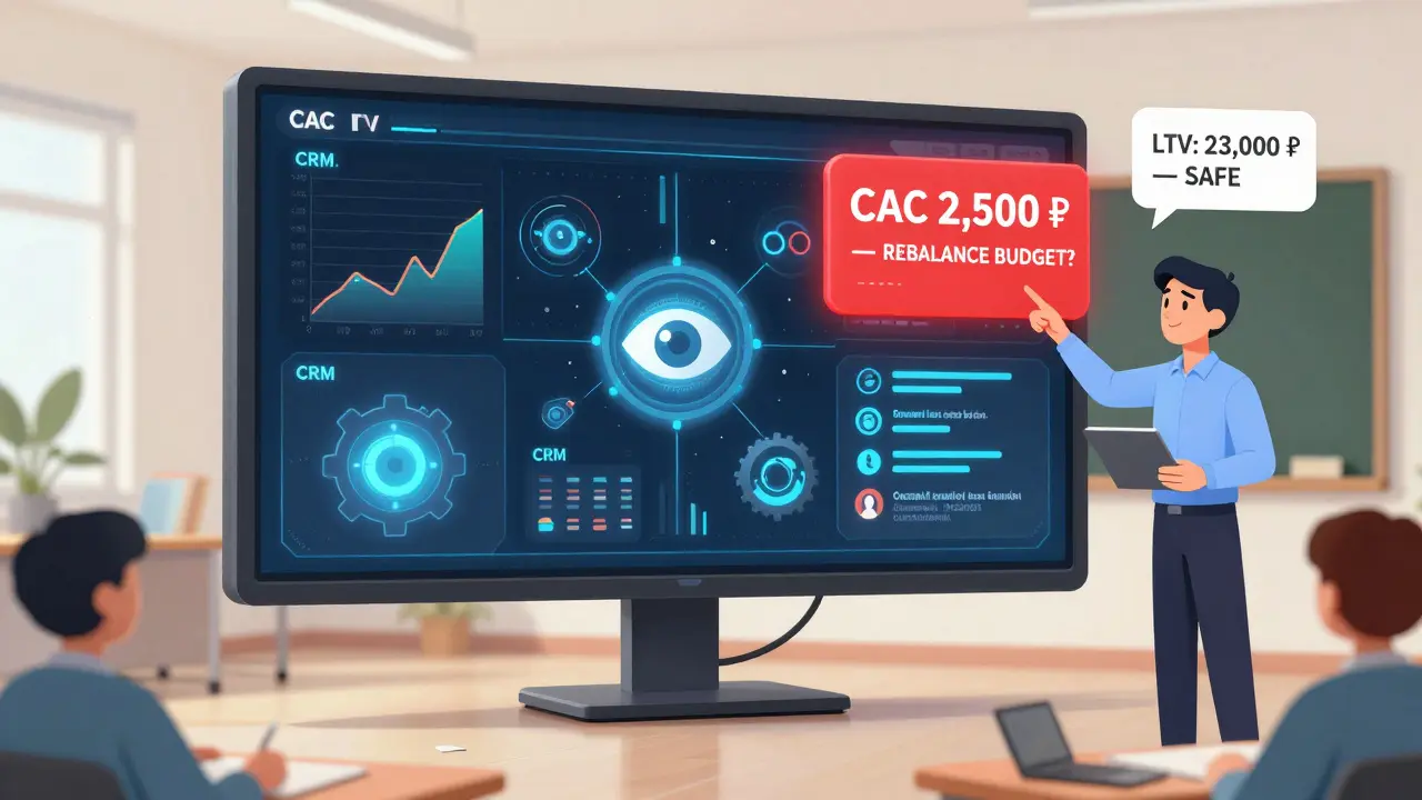 Футуристический дашборд с CAC и LTV, анализируемый ИИ, в классе с учителем и учениками.