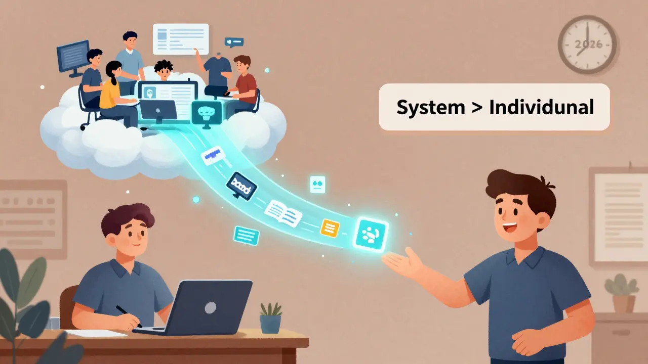 Гибридная модель: координатор передает данные агентству, которое превращает их в продажи, с символом 2026 года и надписью 'Система важнее одного'.
