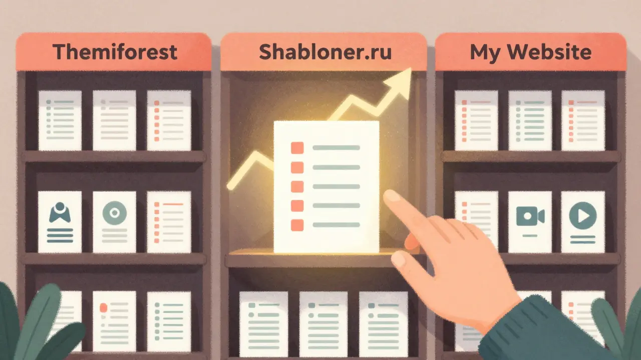 Магазин шаблонов: три платформы, покупатель выбирает собственный сайт с пакетом.