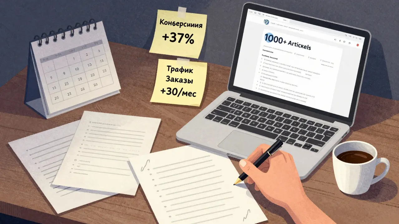 На столе — статьи, кейсы и календарь с ежедневными задачами, символизирующие создание контентной базы за 90 дней.