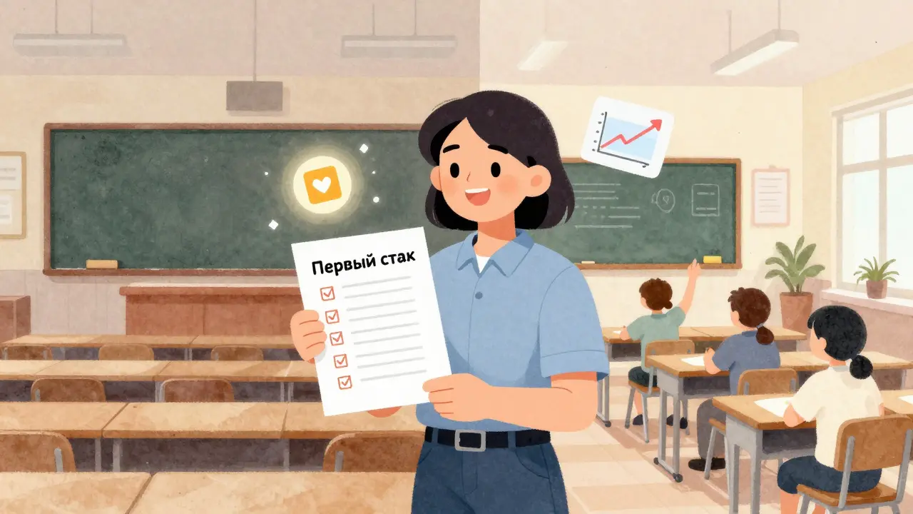 Преподаватель с листом 'Первый шаг' и тремя простыми инструментами, за ним — переход от пассивного к активному обучению.