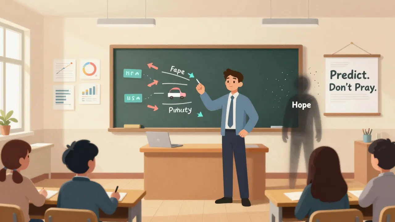Преподаватель стоит среди потоков данных, а тень 'Надежды' исчезает, на стене — надпись 'Прогнозируй, а не молись'.