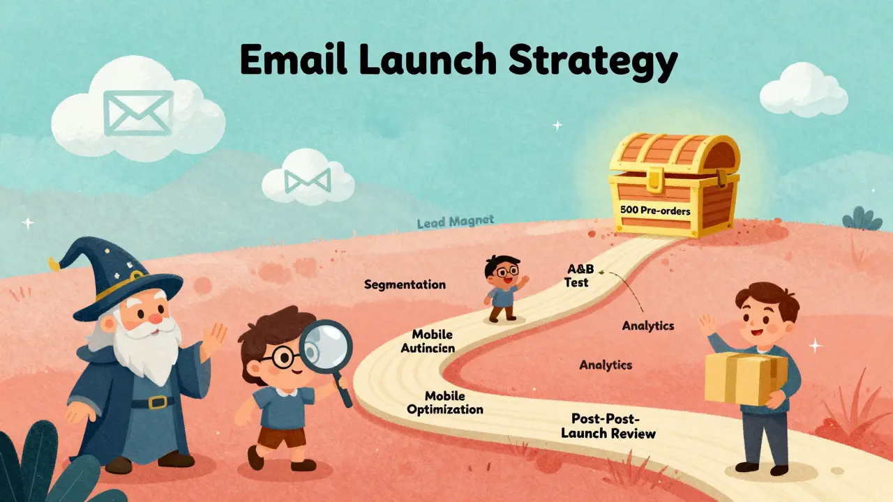 Путь к успеху запуска с этапами email-маркетинга, ведущий к сундуку с предзаказами.