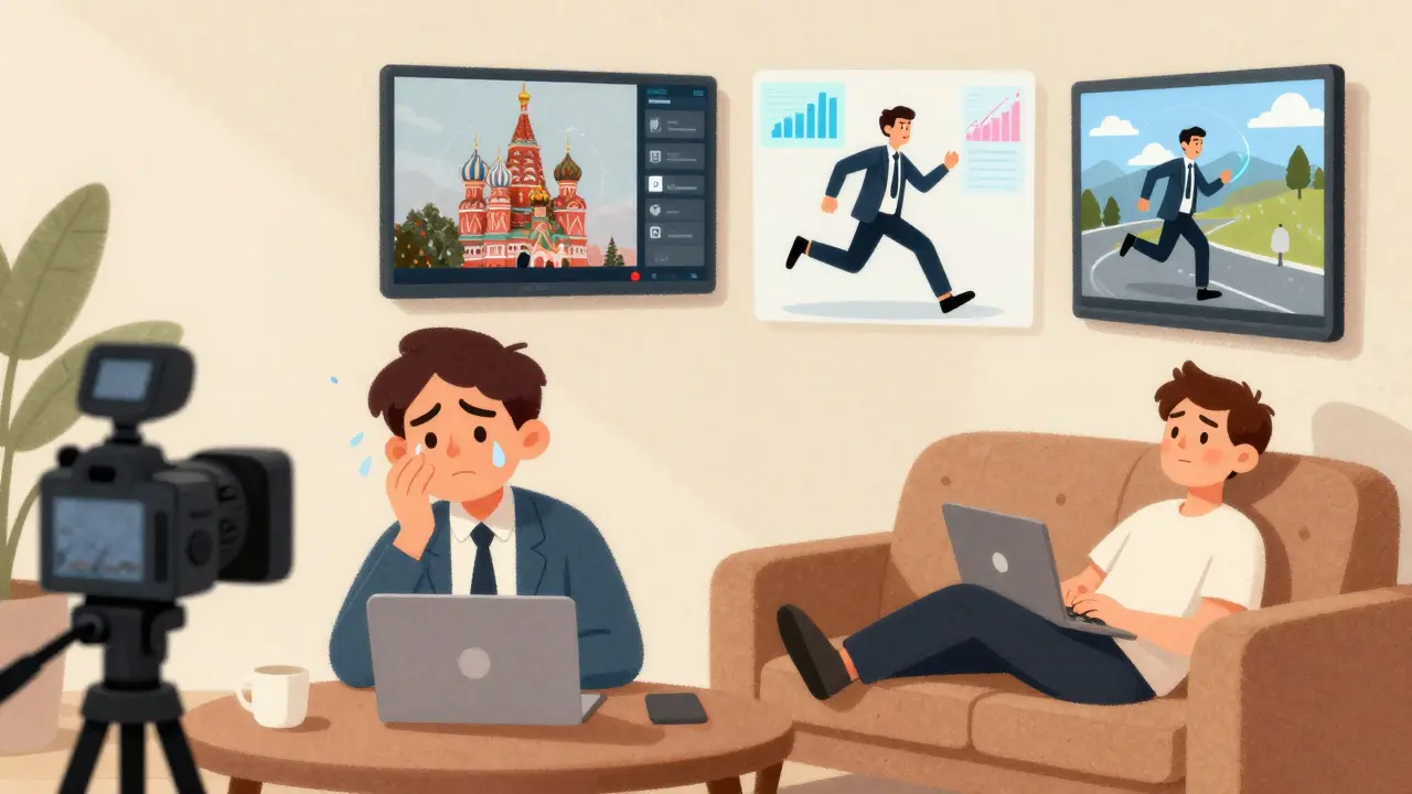 Разделённая сцена: живой спикер в стрессе и его автовебинар-двойник, работающий в трёх городах.