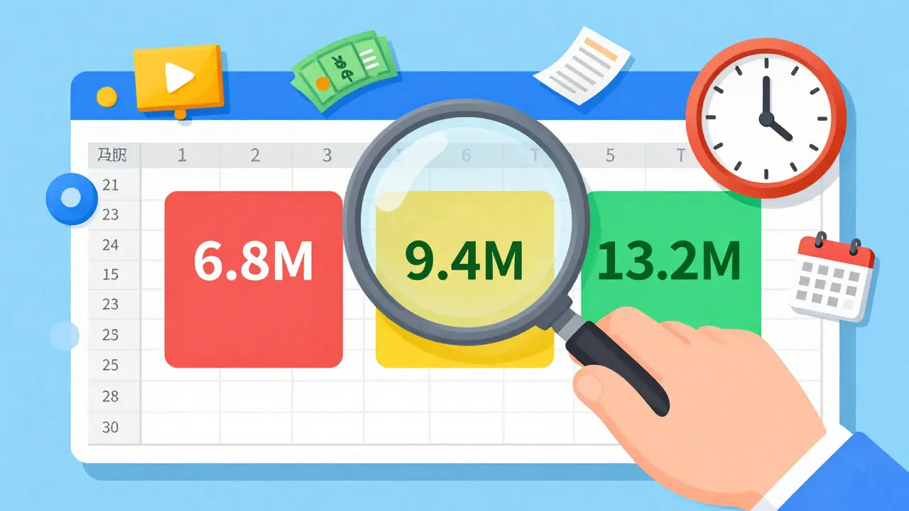 Рука с лупой рассматривает таблицу Excel с тремя сценариями выручки: пессимистичным, реалистичным и оптимистичным.