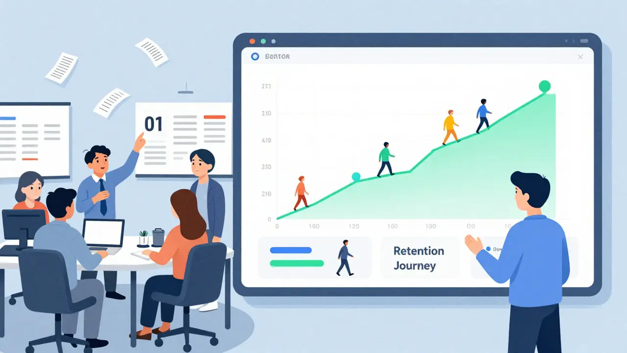 Сравнение хаотичного офиса и упорядоченной аналитической панели с когортами клиентов.