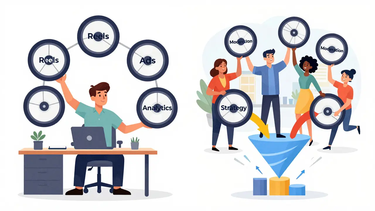 Сравнение: один специалист перегружен и теряет контроль над задачами против команды, которая легко управляет всеми процессами.