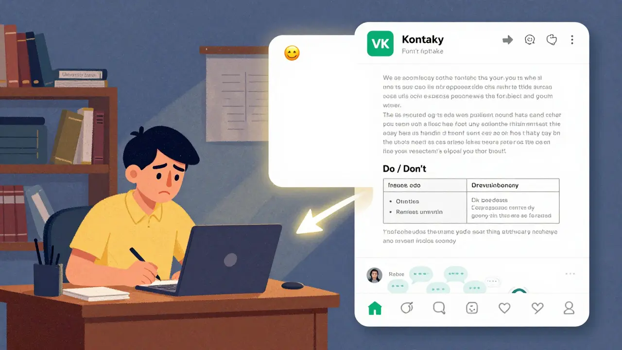 Сравнение: унылый академический письменный стол слева и живой пост ВКонтакте справа с четкой структурой.
