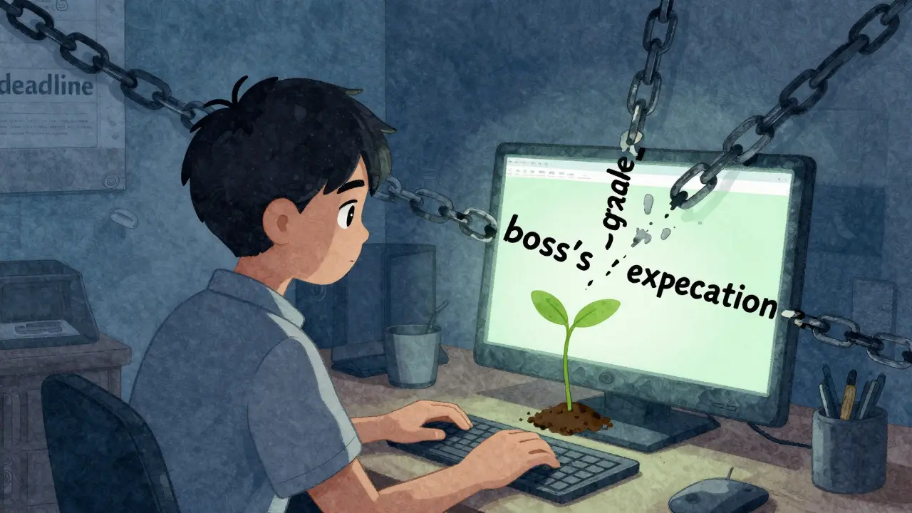 Студент перед экраном, цепи внешней мотивации ломаются, из клавиатуры растет росток.